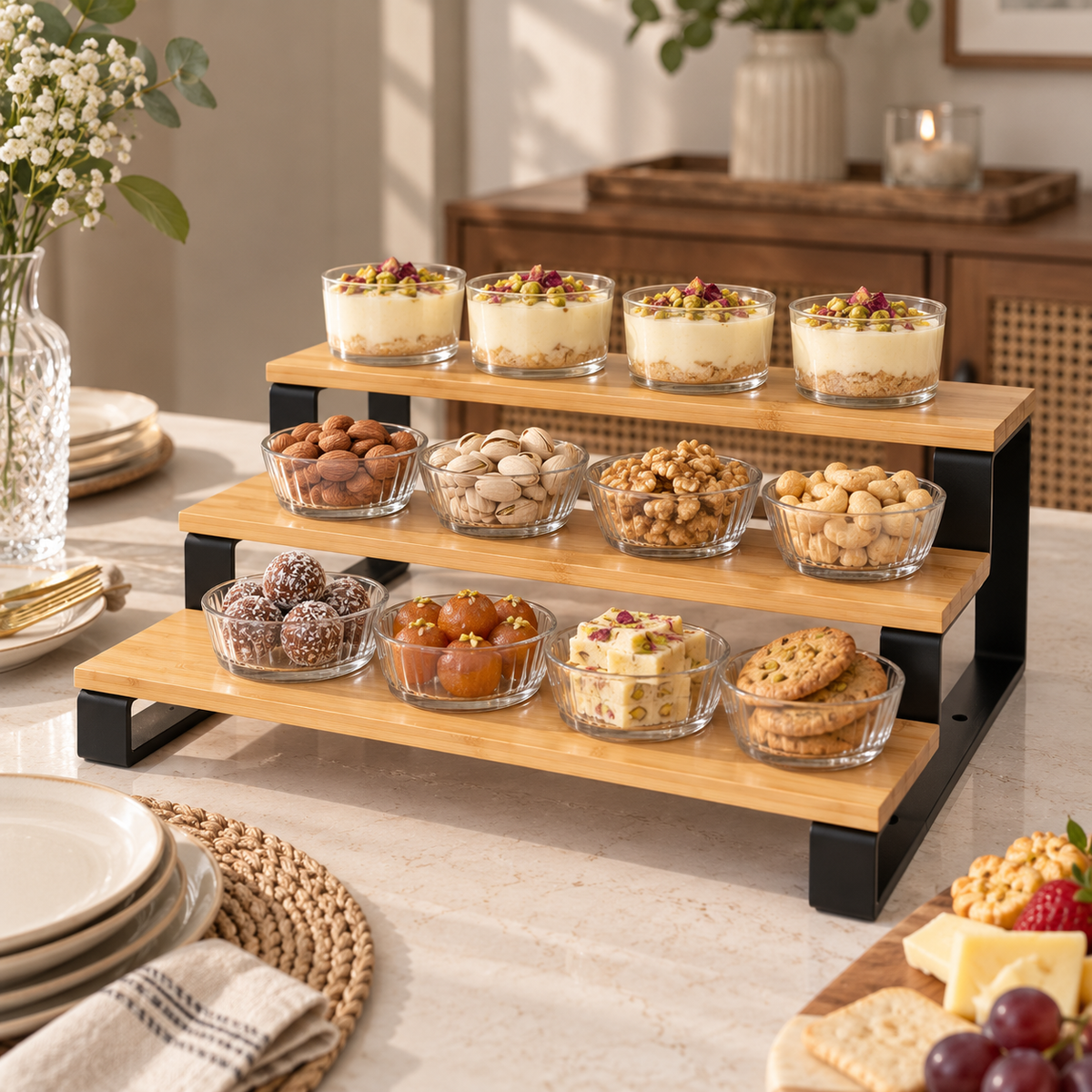 3-tier bamboo display rack styled as a serving station for desserts, nuts and snacks, keeping everything beautifully arranged and easy to reach.