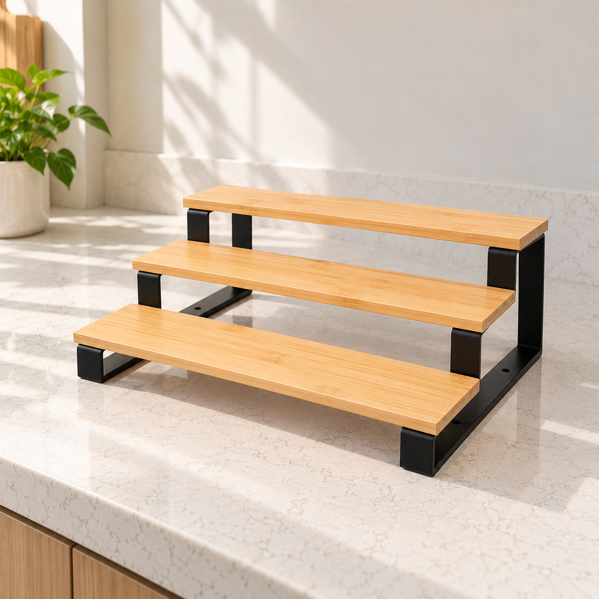 3-tier bamboo organizer and display rack with a black metal frame, designed to create visible, easy-to-reach storage on countertops or shelves.