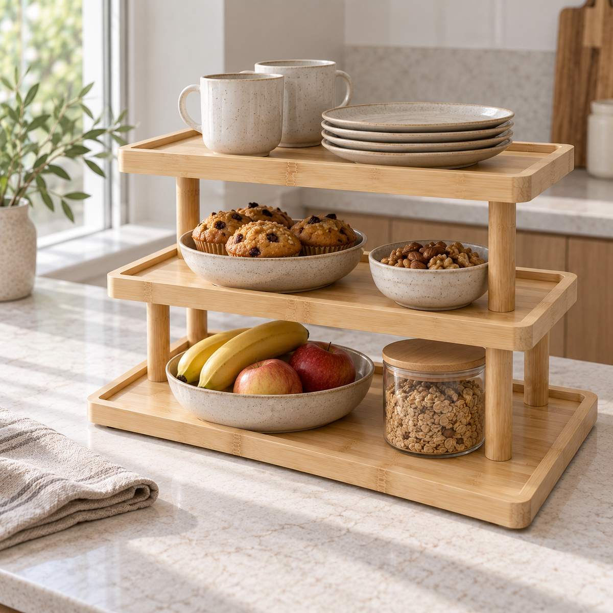 3-tier bamboo serving stand displaying mugs, plates, muffins, fruit and pantry essentials.