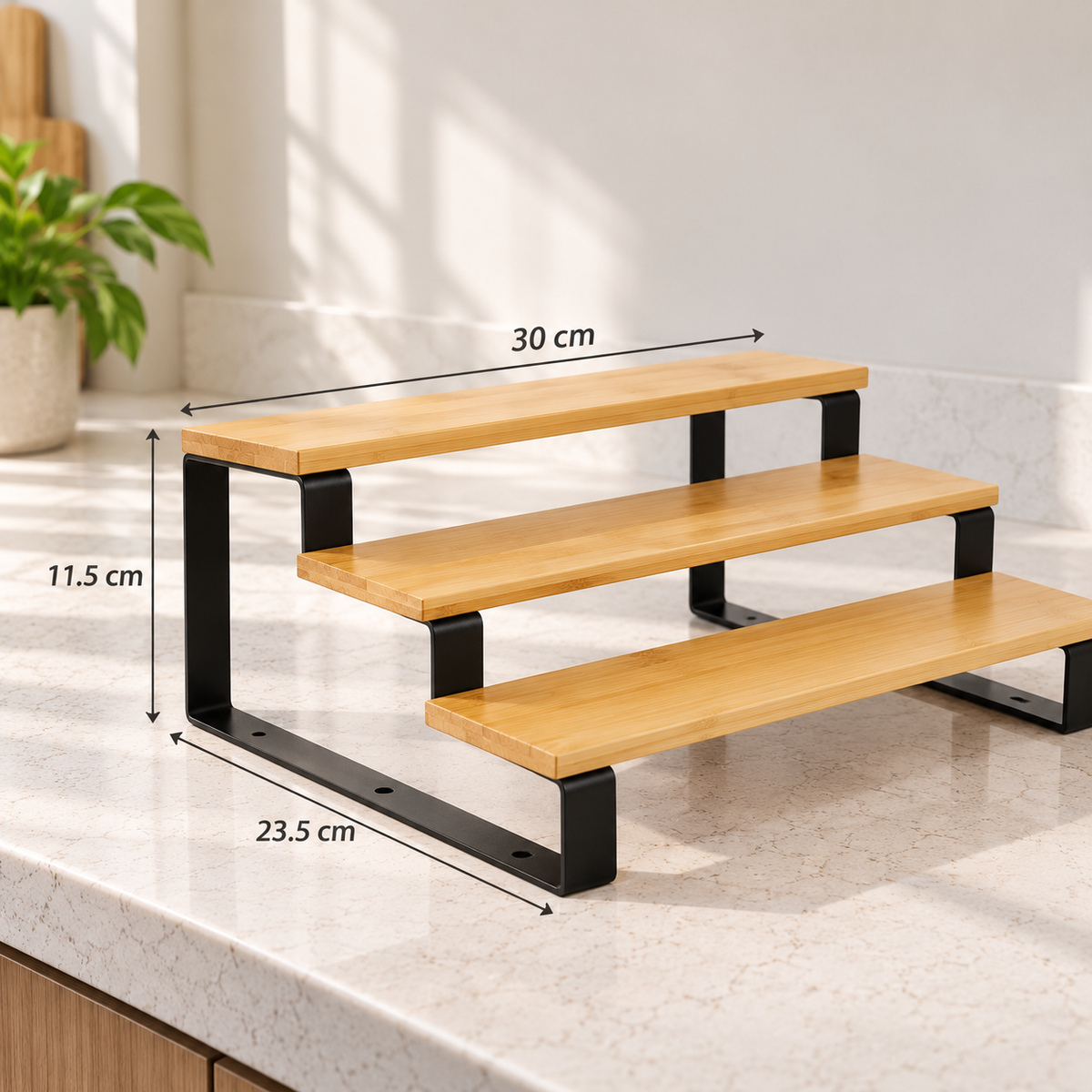 3-Tier Bamboo Organizer & Display Rack dimensions: 30 × 23.5 × 11.5 cm.