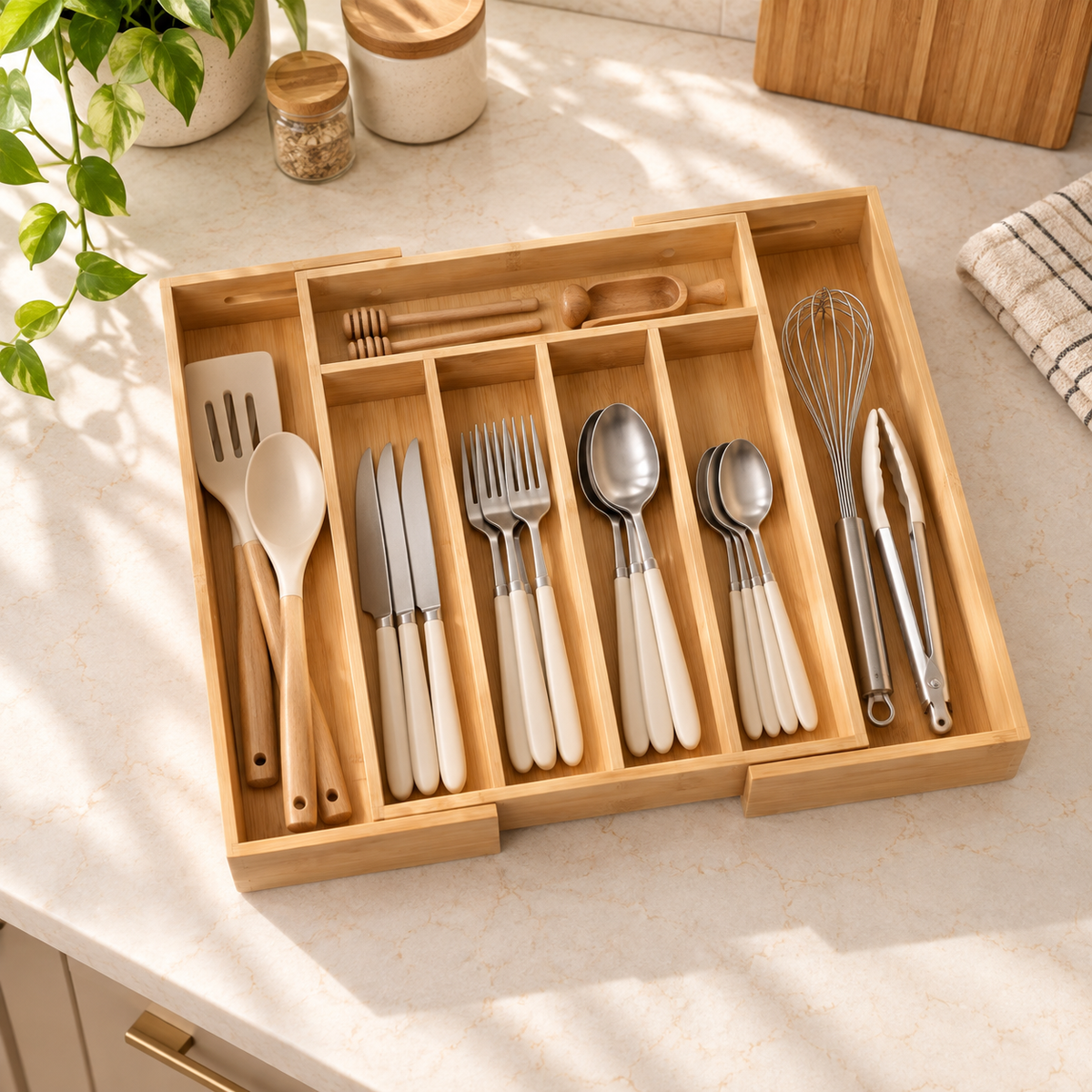 Expandable bamboo cutlery organizer neatly separating cutlery, serving utensils and kitchen tools.