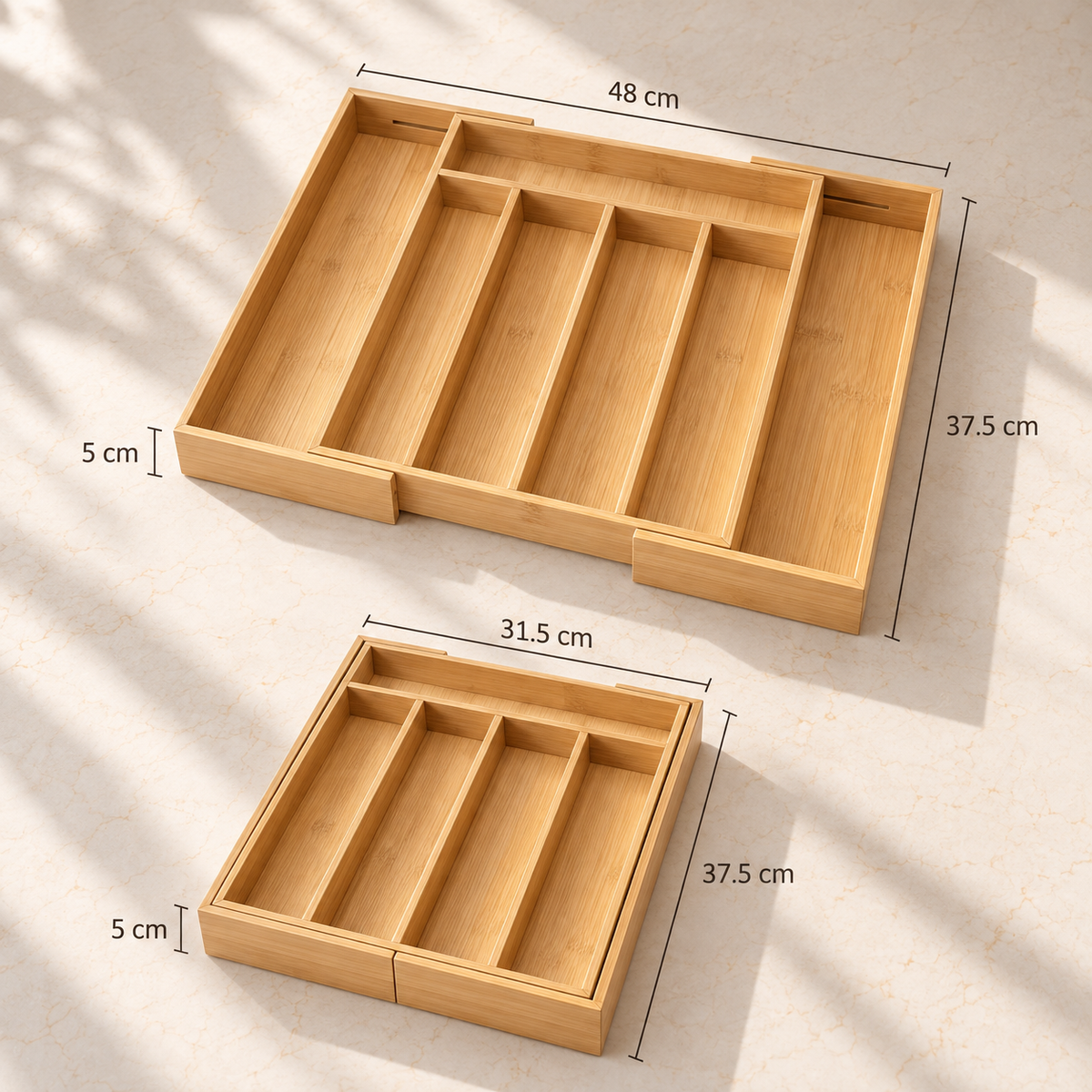 Expandable bamboo cutlery organizer dimensions: 31.5 × 37.5 × 5 cm when compact, expanding up to 48 × 37.5 × 5 cm.