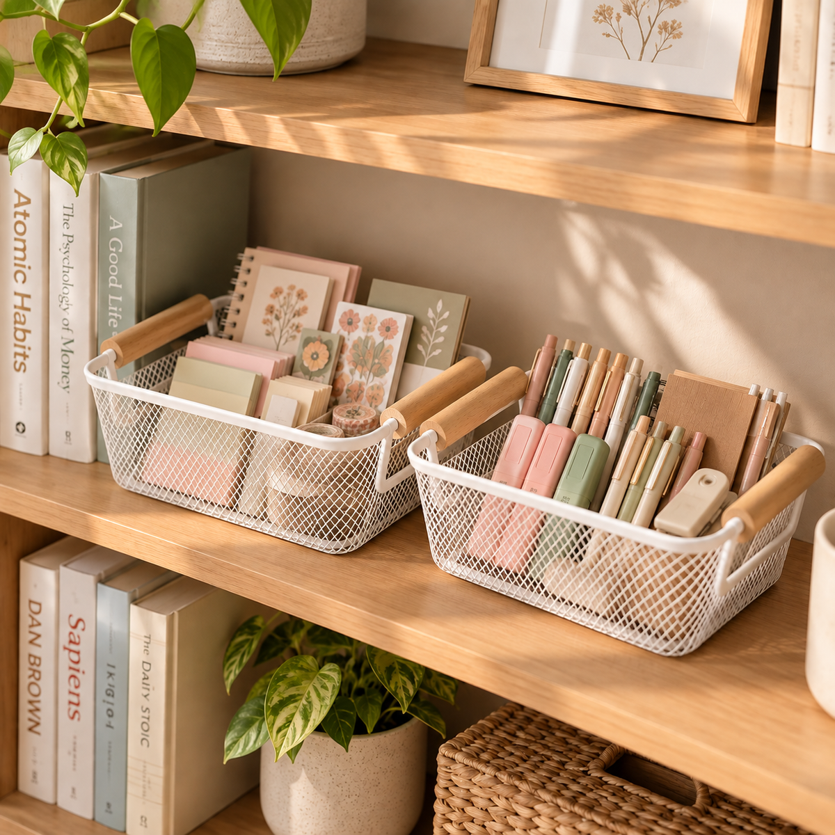 Metal mesh desktop organizers storing stationery and notebooks on a workspace shelf