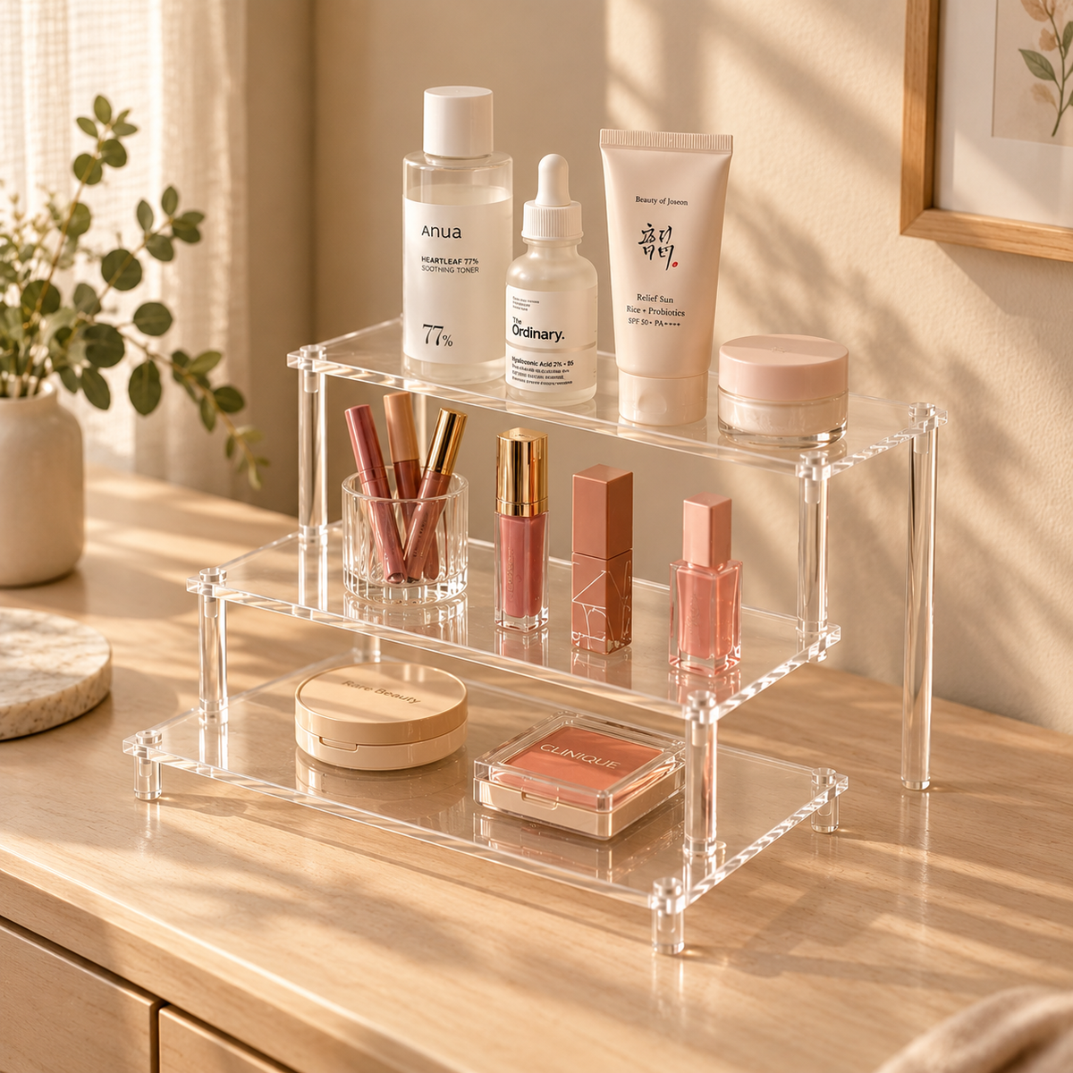 3-tier acrylic display organizer holding skincare and makeup products neatly arranged on a vanity