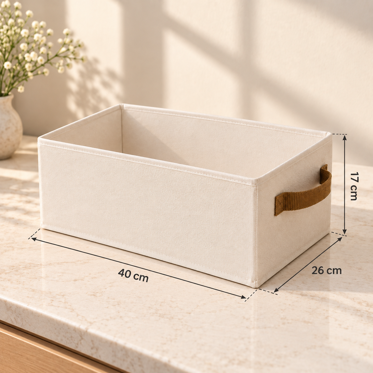 Large cream fabric storage bin with handle, measuring 40 × 26 × 17 cm