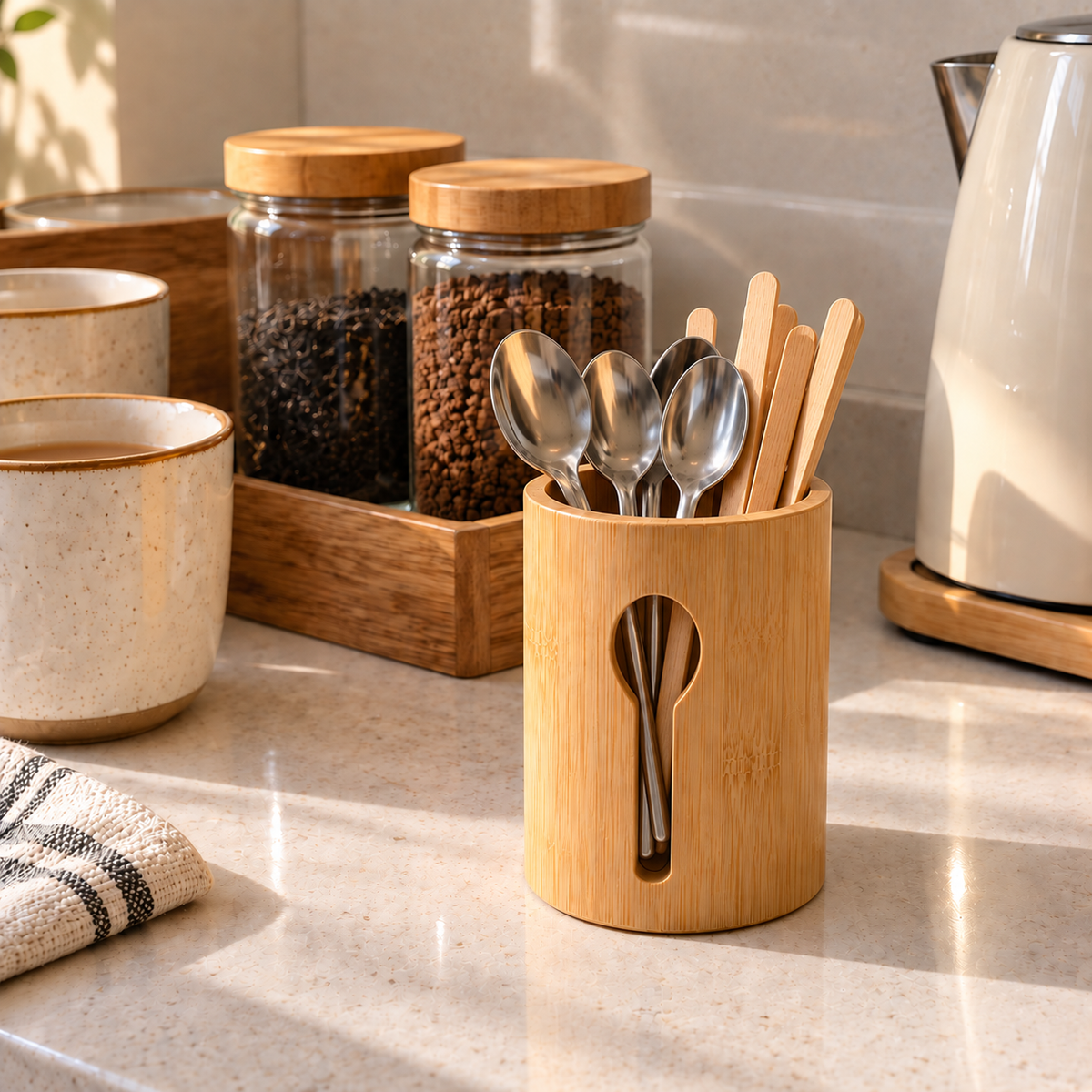 Bamboo spoon holder for teaspoons and stirrers at a tea and coffee station