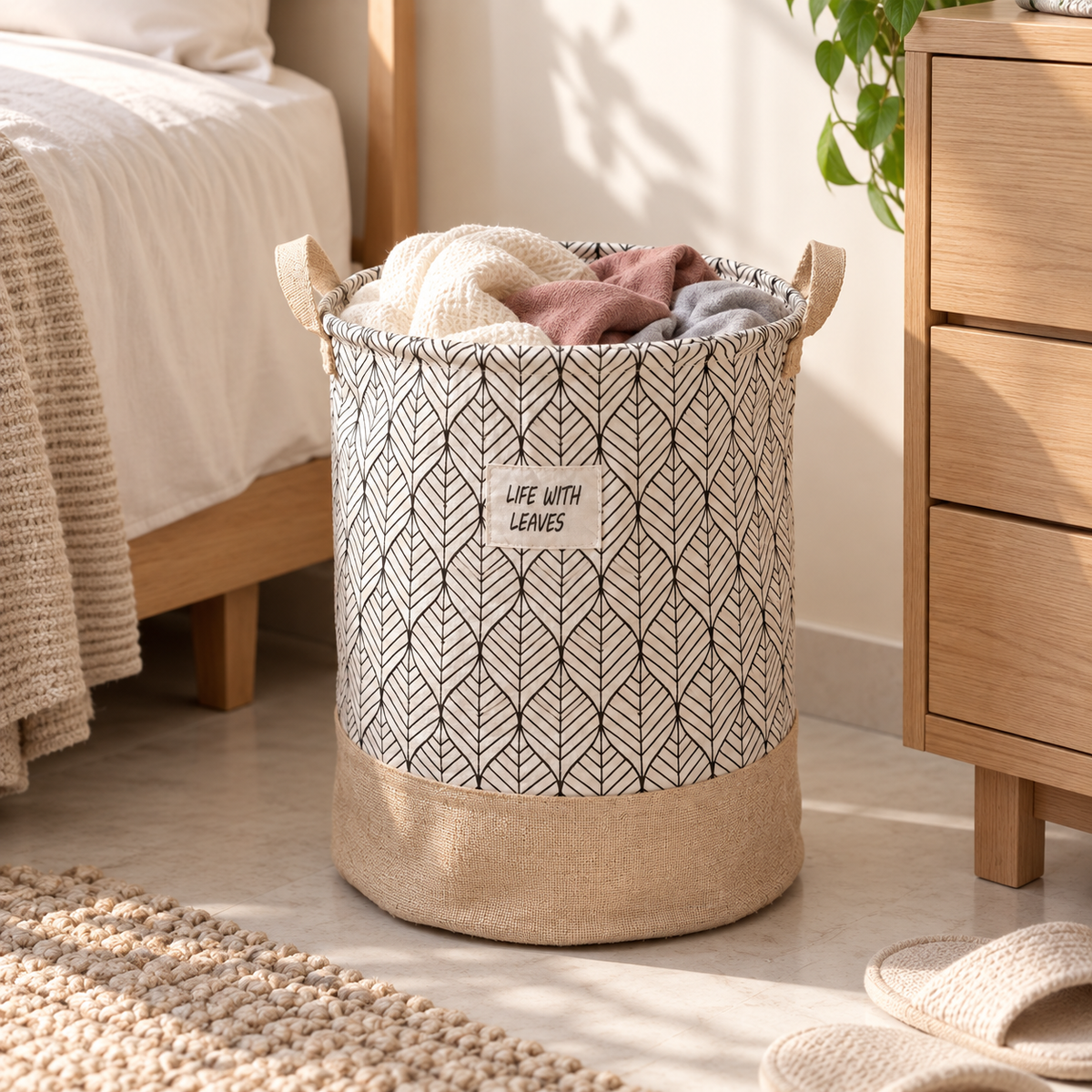 Printed fabric laundry basket with handles filled with clothes in a bedroom setting