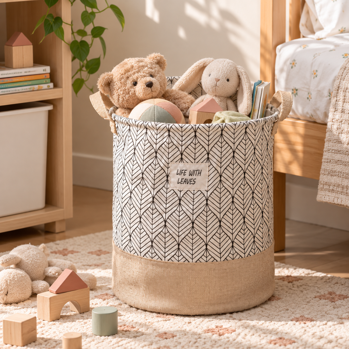 Printed fabric storage basket with handles holding toys and books in a kids’ bedroom