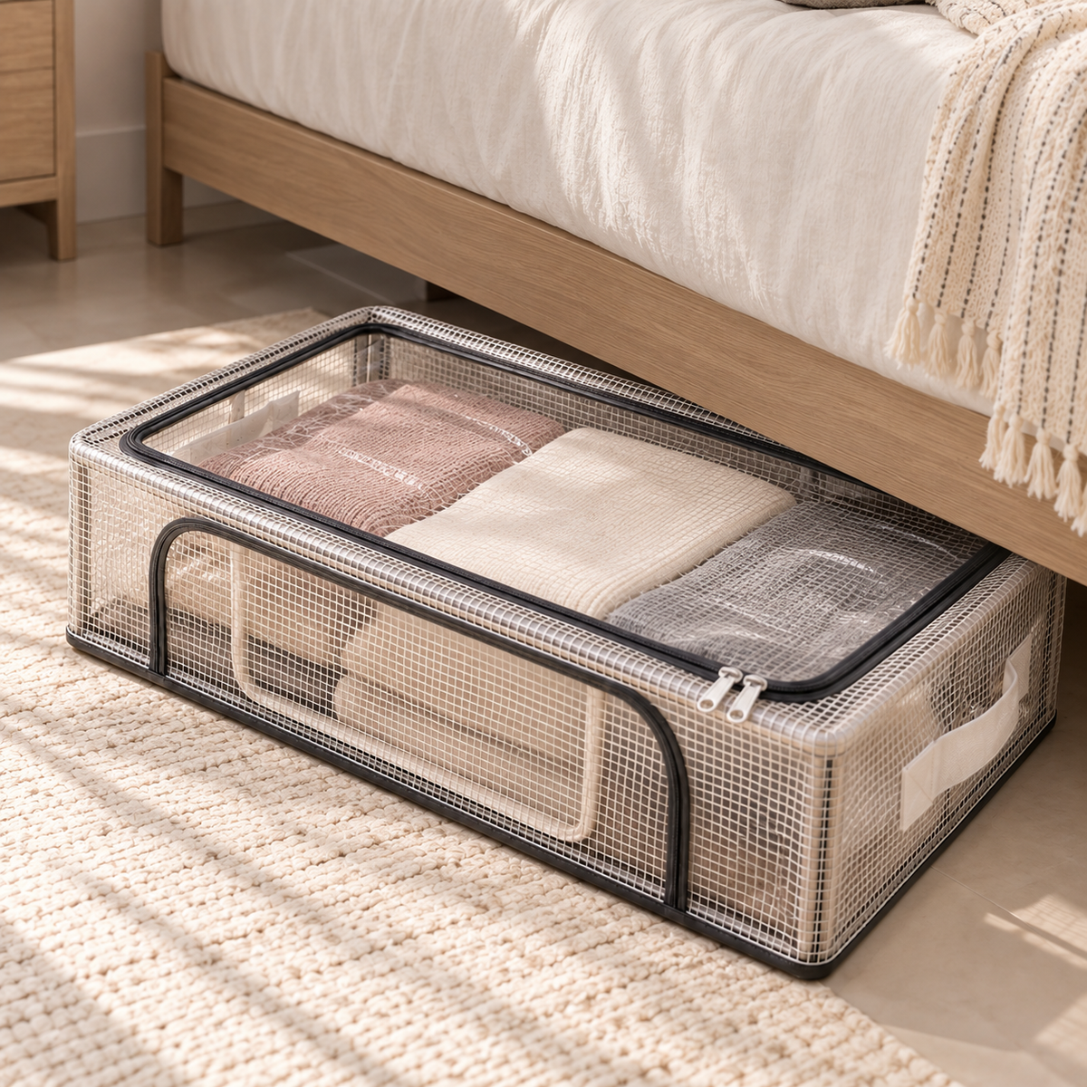 Under-bed storage box filled with folded clothes and stored beneath a bed