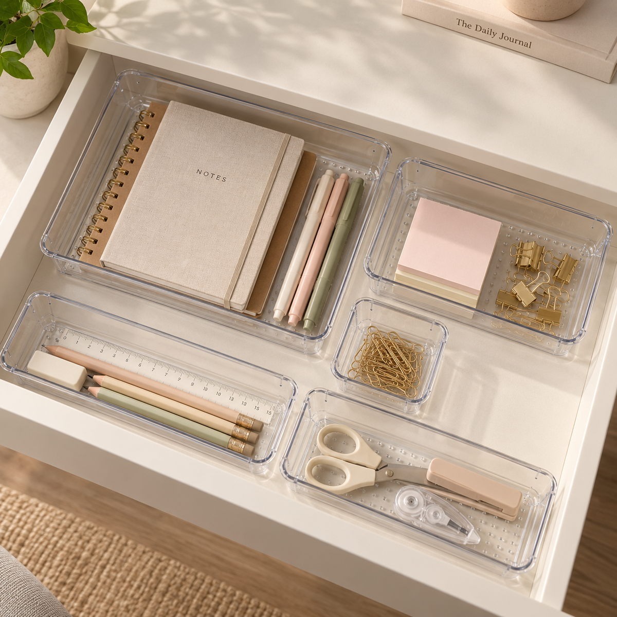 Clear acrylic drawer organizers used in a study drawer to neatly arrange notebooks, pens, stationery and small desk essentials.