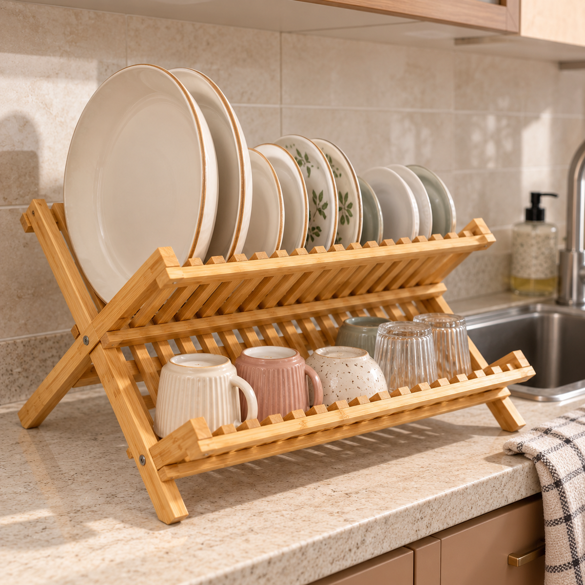 Alt Text: Foldable bamboo dish drying rack holding plates, mugs and glasses beside kitchen sink