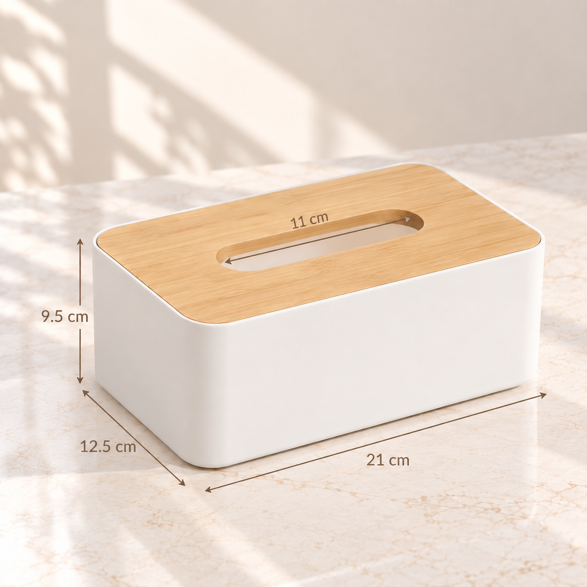 Modern minimalist tissue box with dimensions 21 × 12.5 × 9.5 cm and 11 cm tissue opening