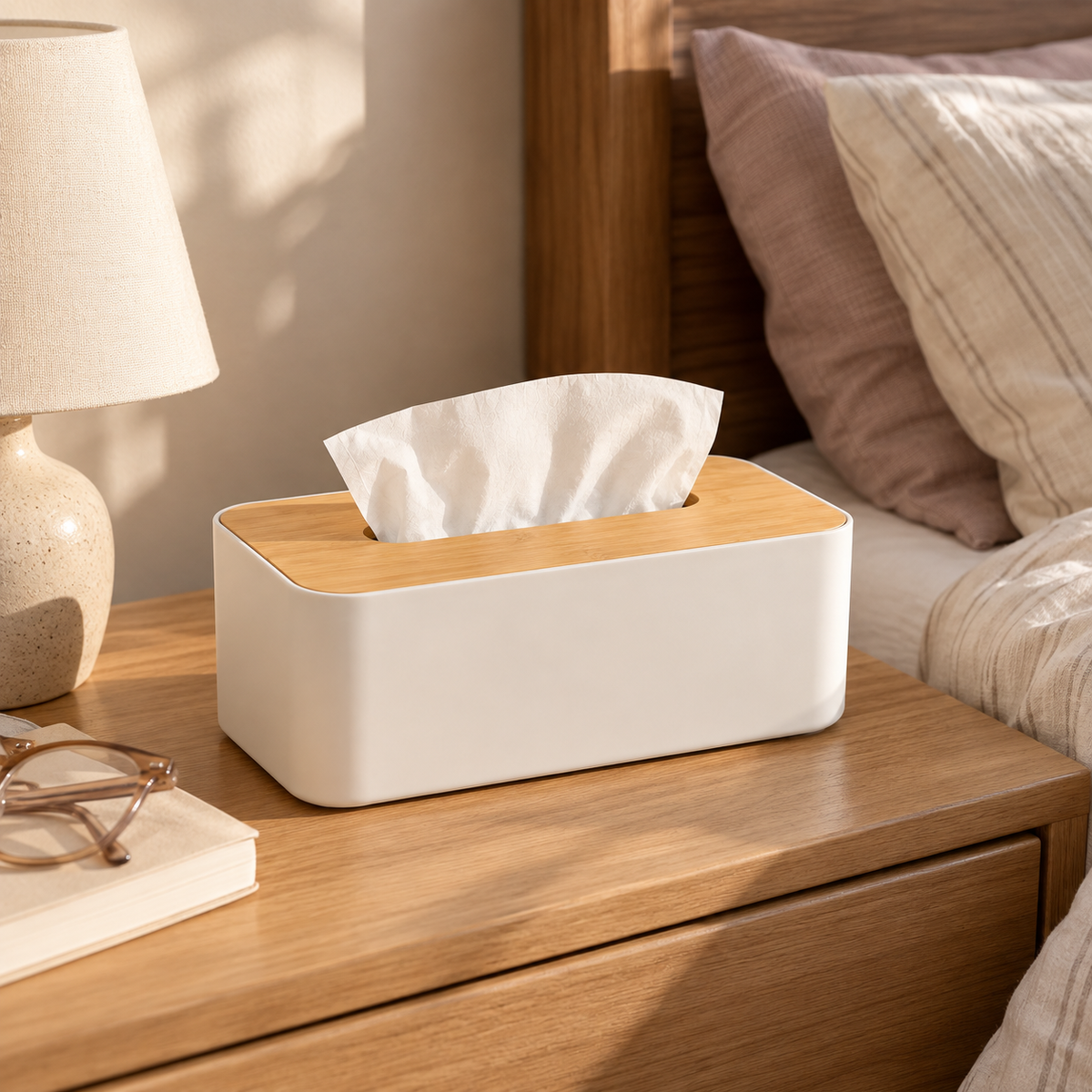 Modern minimalist tissue box styled on a bedside table with a white body and warm wood-look lid