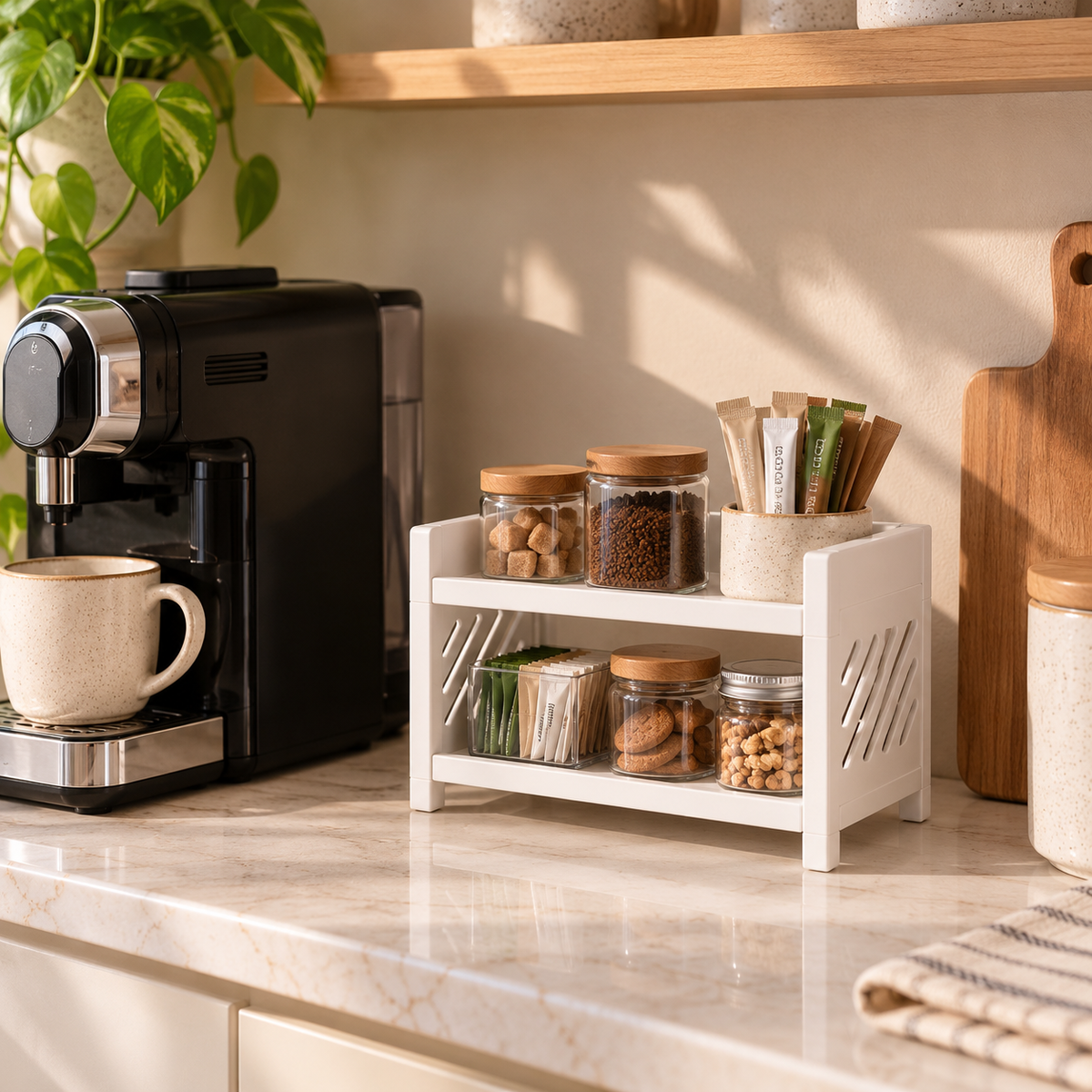 2-tier shelf organizer used as a coffee station for jars, sachets and snacks