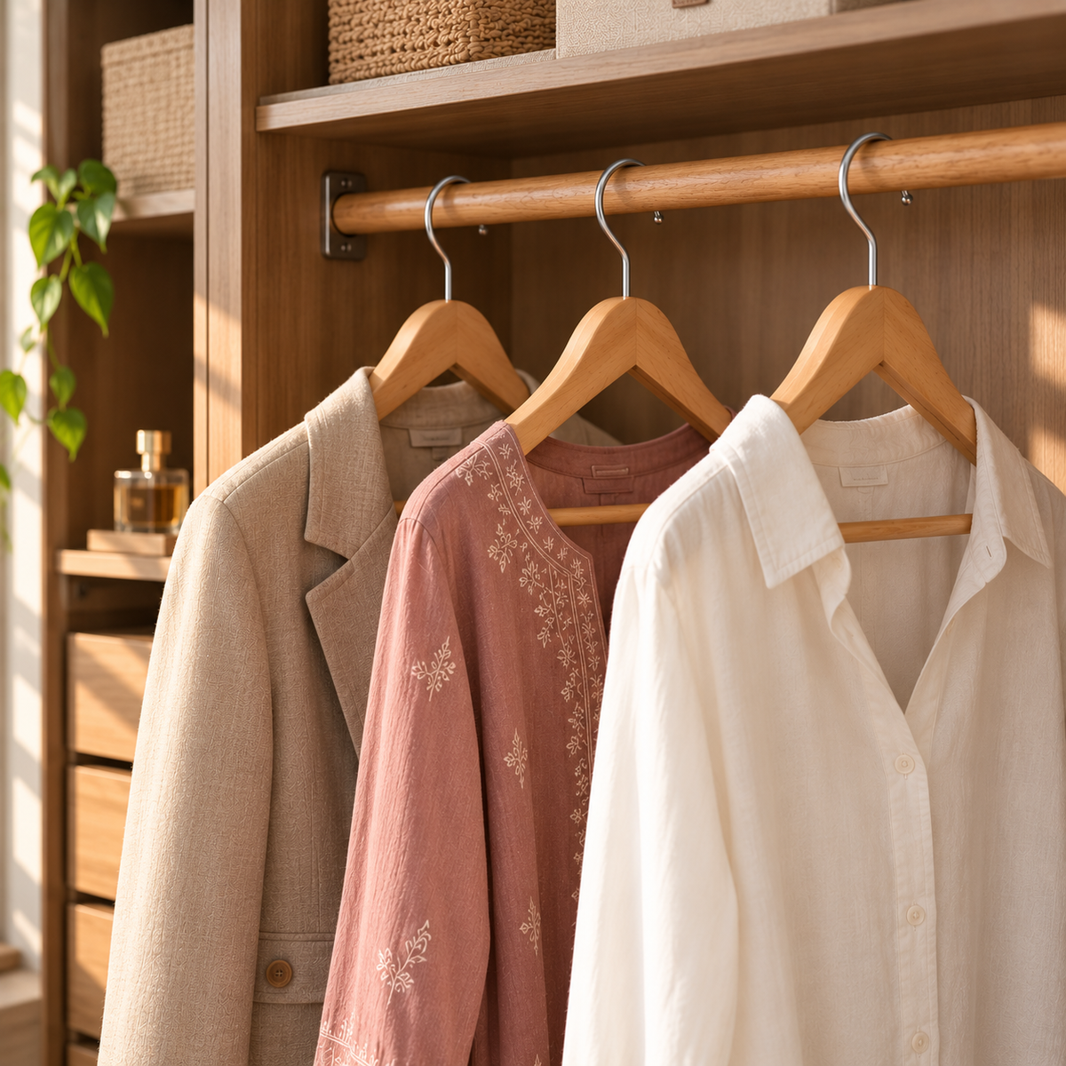 Wooden clothes hangers displaying shirts and traditional clothing neatly inside a wardrobe