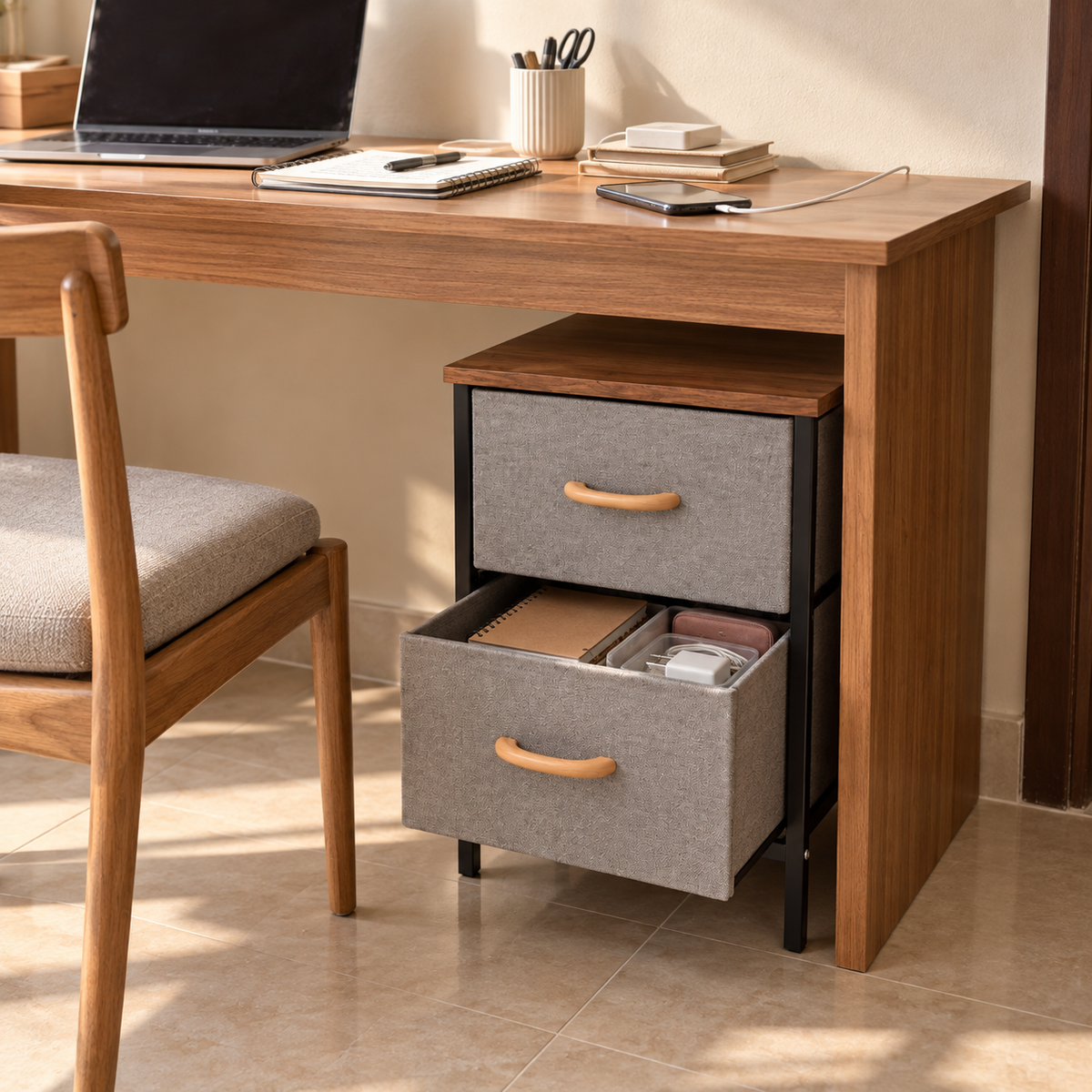 2-drawer fabric storage table under a study desk with drawer open for storage