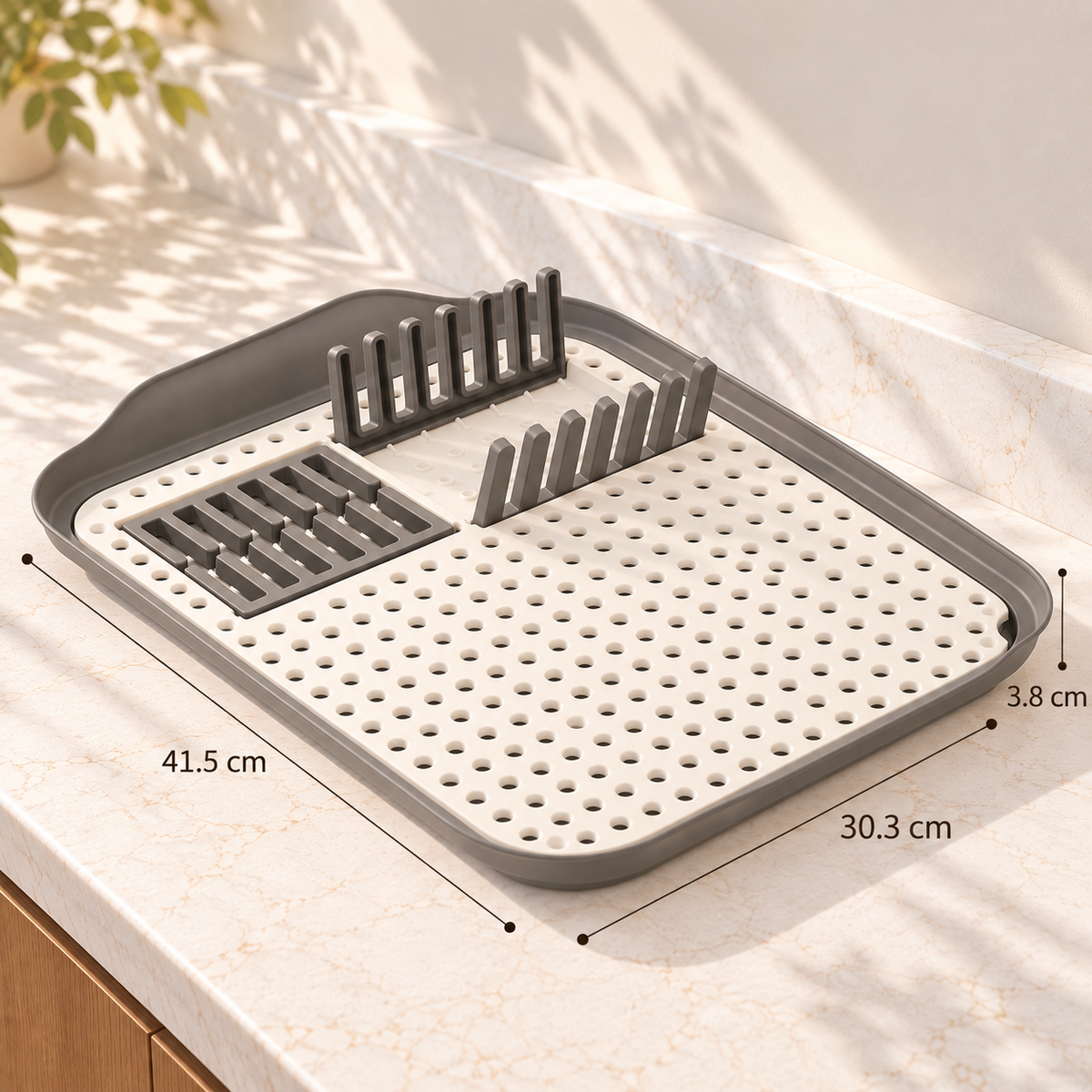 foldable dish drying tray with plate rack, perforated draining surface and compact 41.5 × 30.3 cm design for kitchen count
