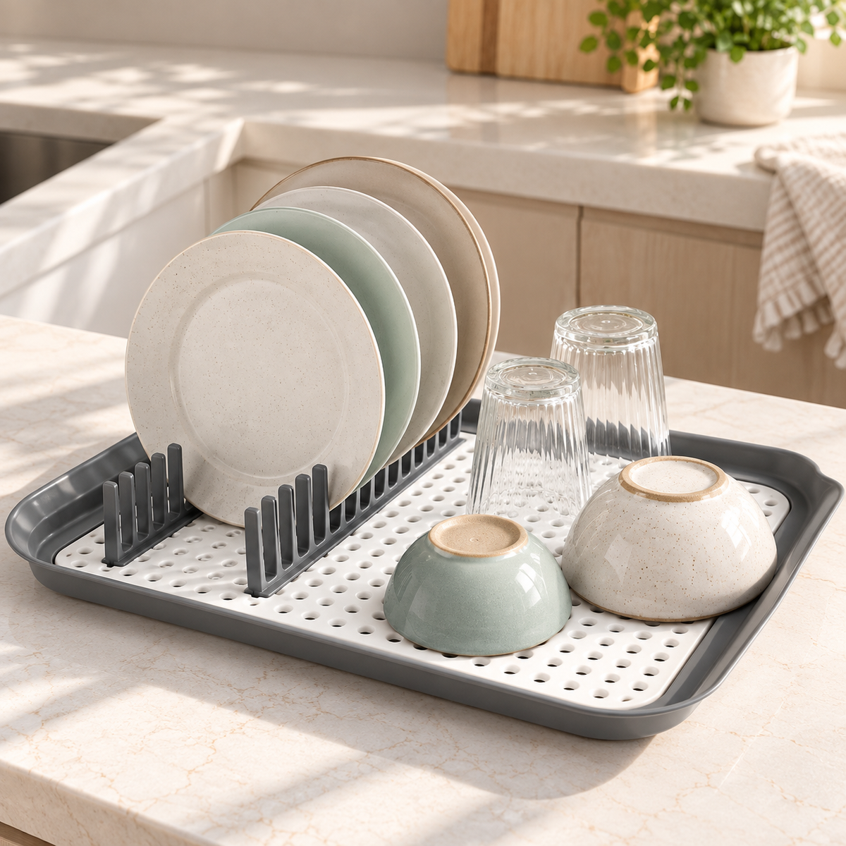 foldable dish drying tray with raised plate rack for drying plates, bowls and glasses beside the kitchen sink