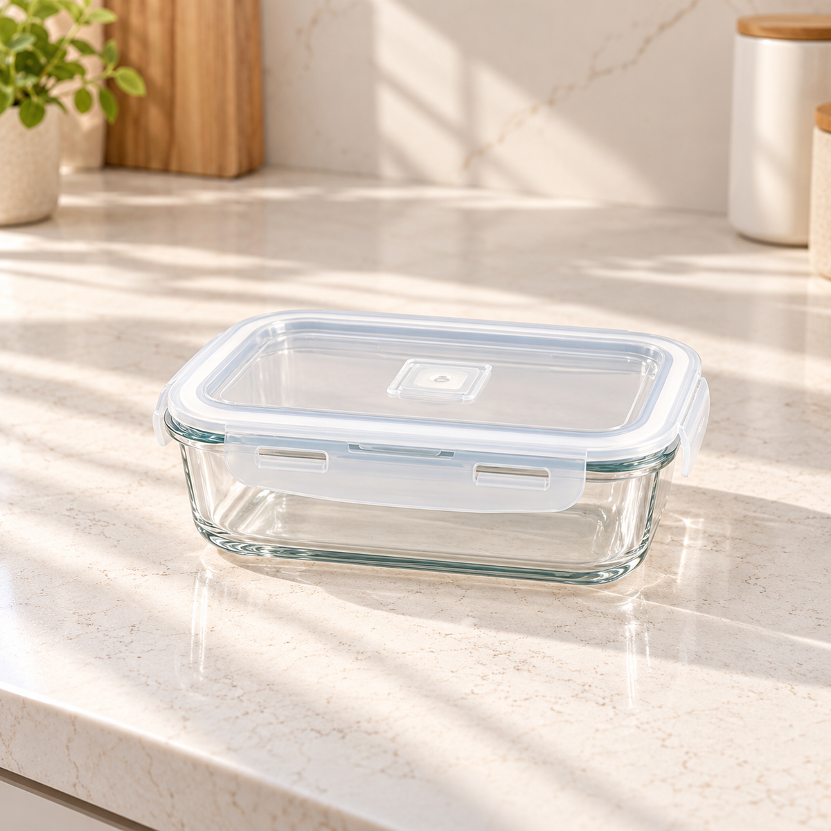 Rectangular glass food storage container with clear locking lid on a kitchen countertop.