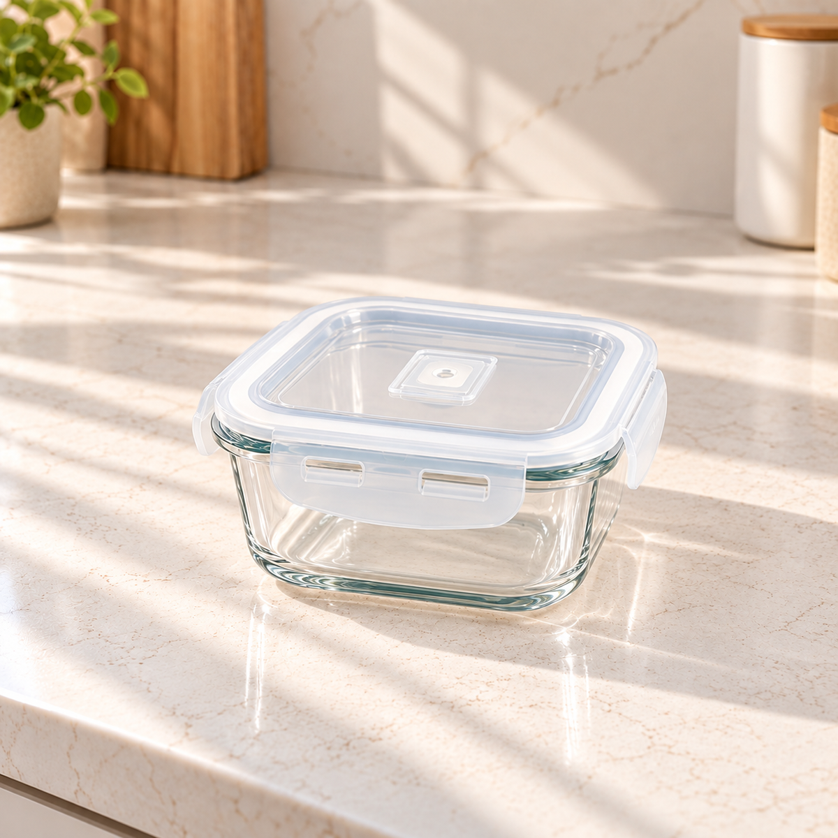 Square glass food storage container with clear locking lid on a kitchen countertop.