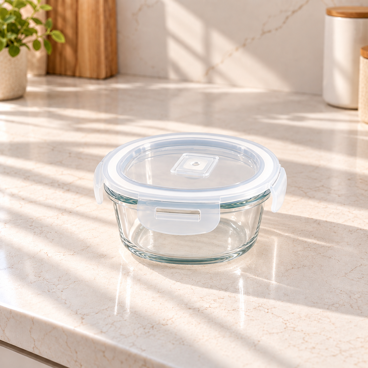 Round glass food storage container with clear locking lid on a kitchen countertop.