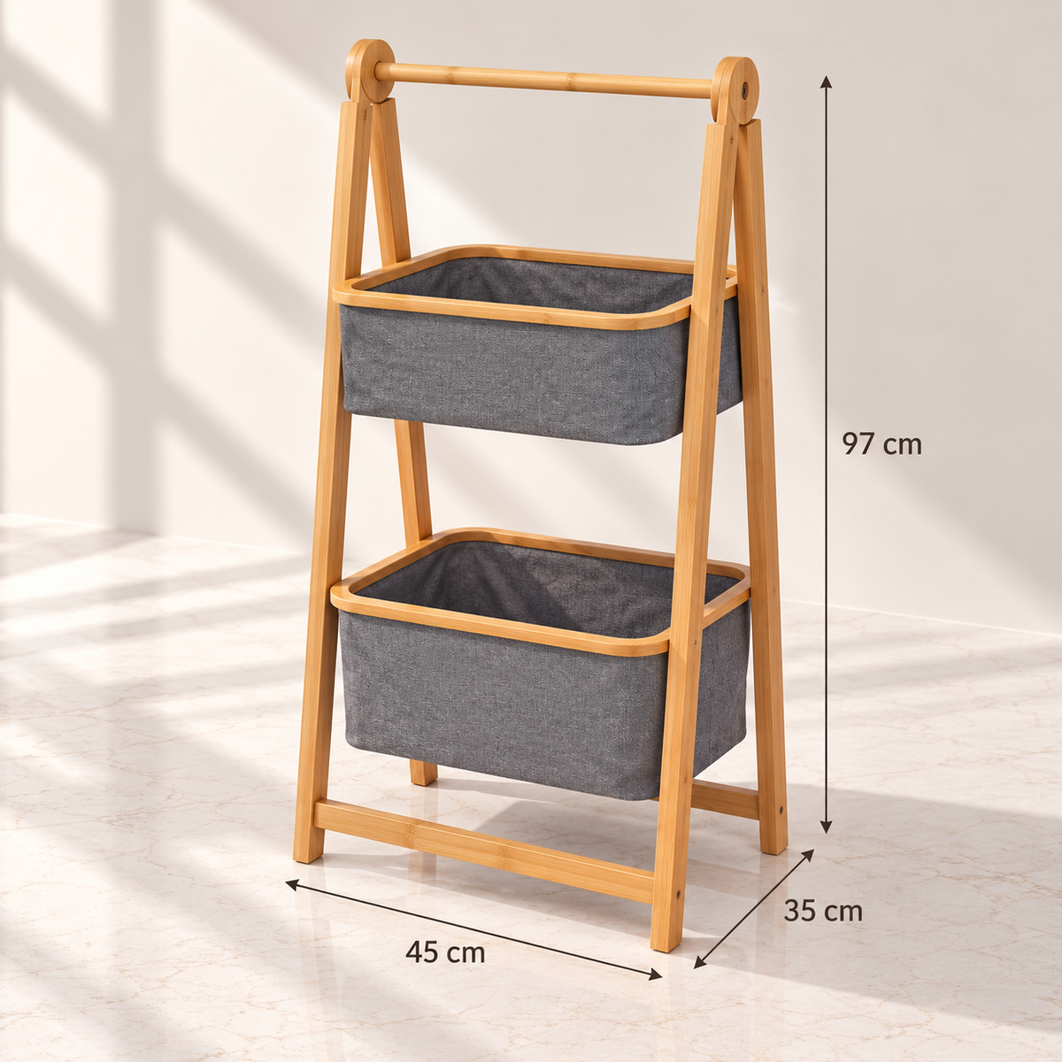 2-tier bamboo laundry sorter with grey fabric baskets, 45 × 35 × 97 cm.