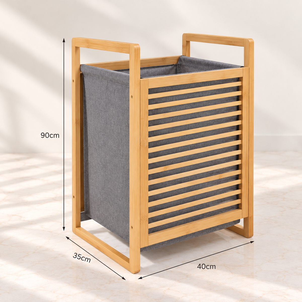 Bamboo laundry hamper with removable grey fabric bag, 40 × 35 × 90 cm.