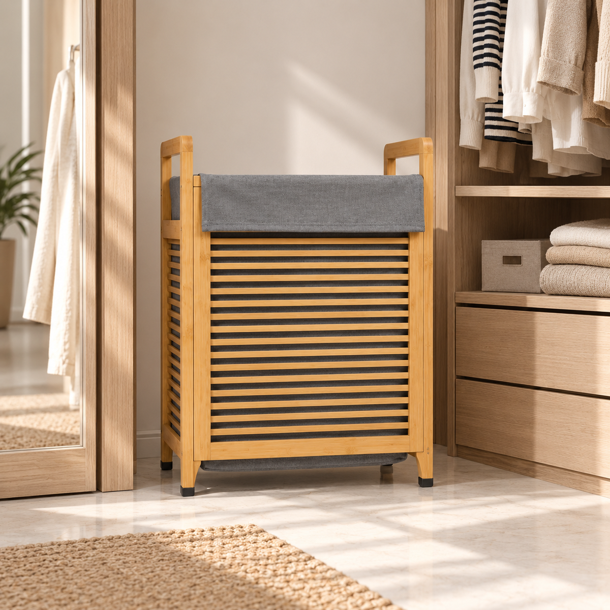 Bamboo laundry hamper with removable grey fabric bag in a walk-in wardrobe.