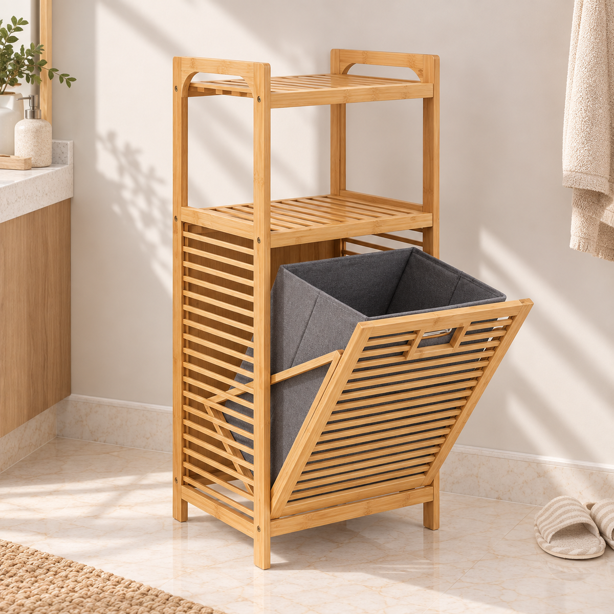 Bamboo laundry hamper with pull-out grey fabric basket and two open storage shelves.