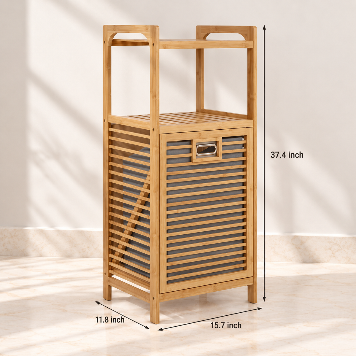 Bamboo laundry hamper with storage shelves, 15.7 × 11.8 × 37.4 inches.