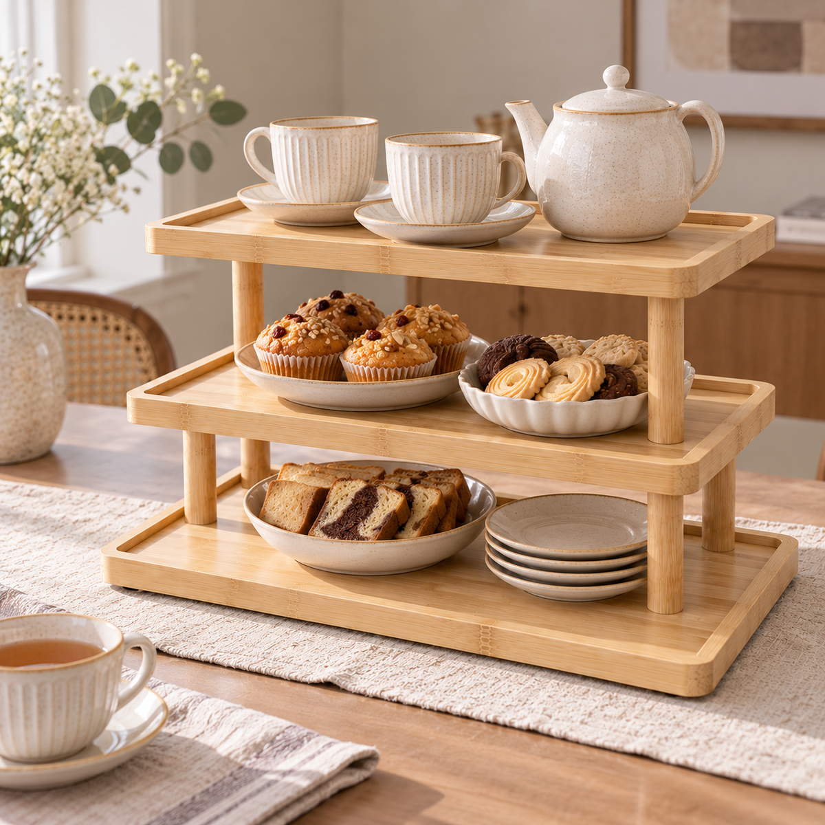 3-tier bamboo serving stand arranged with tea, muffins, cookies and snacks.