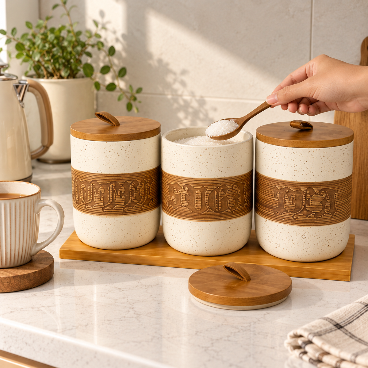 Ceramic tea, coffee and sugar canister set with wooden lids and tray, with sugar being served at a tea station.