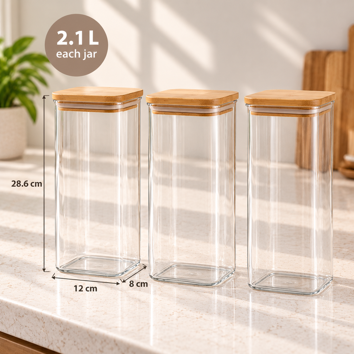 Set of 3 rectangular glass pantry jars with bamboo lids, each with a 2.1L capacity and dimensions of 28.6 × 12 × 8 cm.