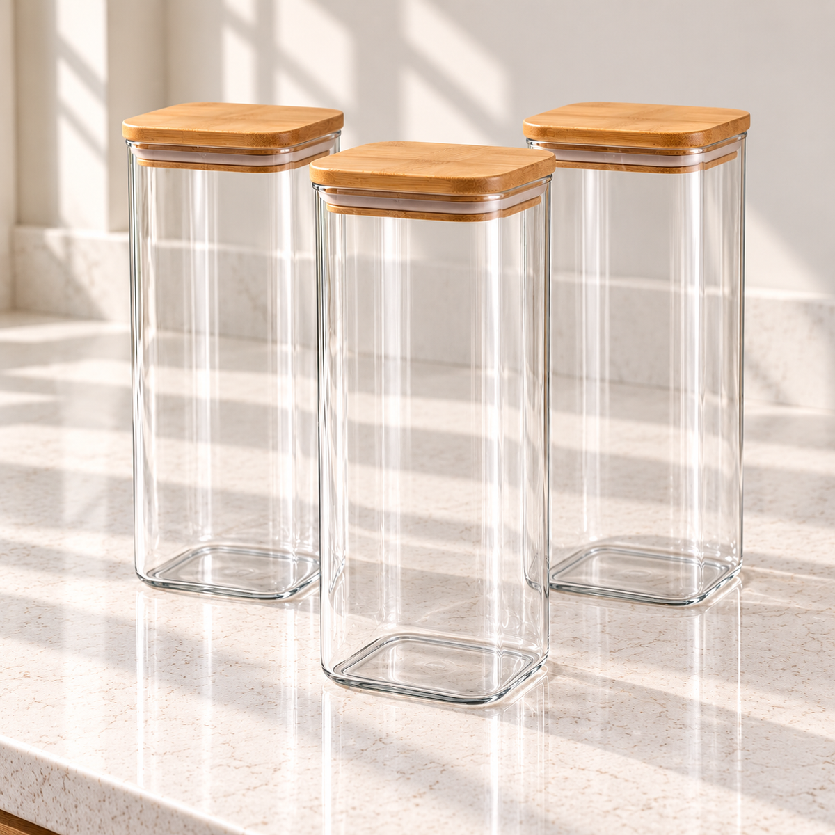 Set of 3 rectangular glass pantry jars with natural bamboo lids for organized storage of dry kitchen staples.