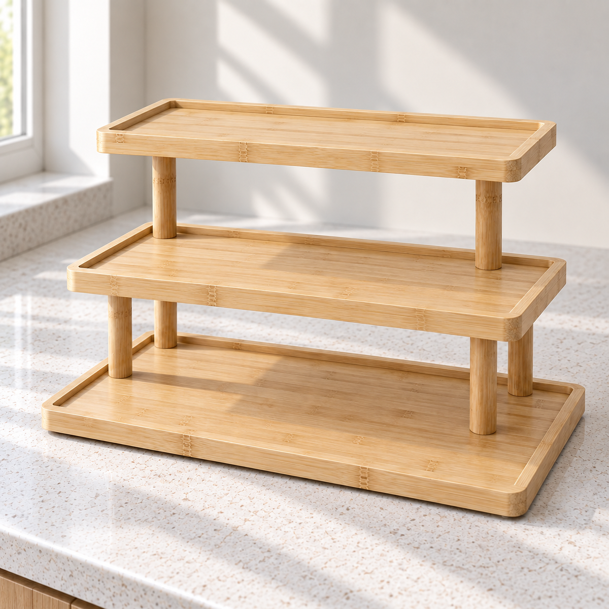 3-tier bamboo serving and display stand with raised tray edges.
