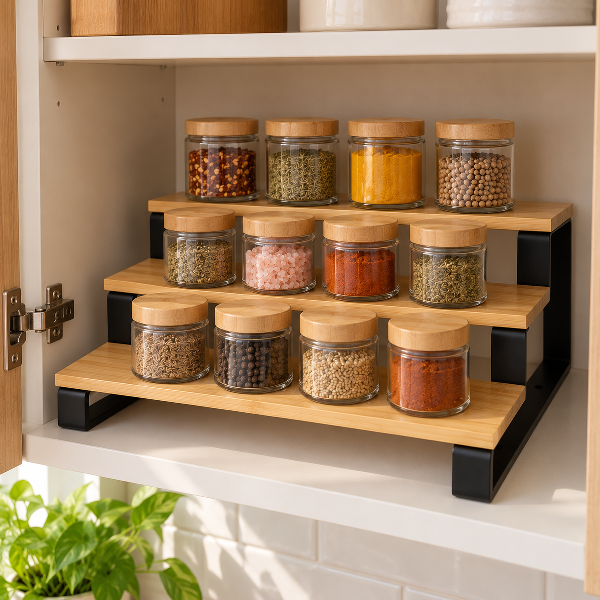 3-tier bamboo organizer rack neatly displaying spice jars inside a kitchen cabinet, keeping every jar visible and easy to reach.