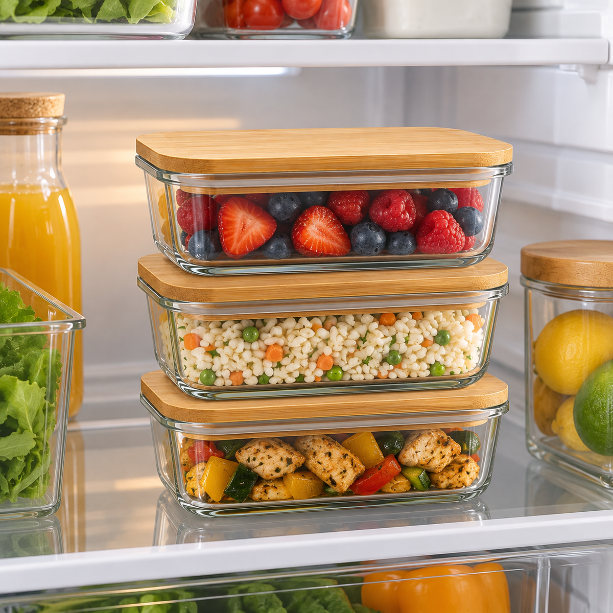 Glass Food Storage Containers with Bamboo Lids – Set of 3