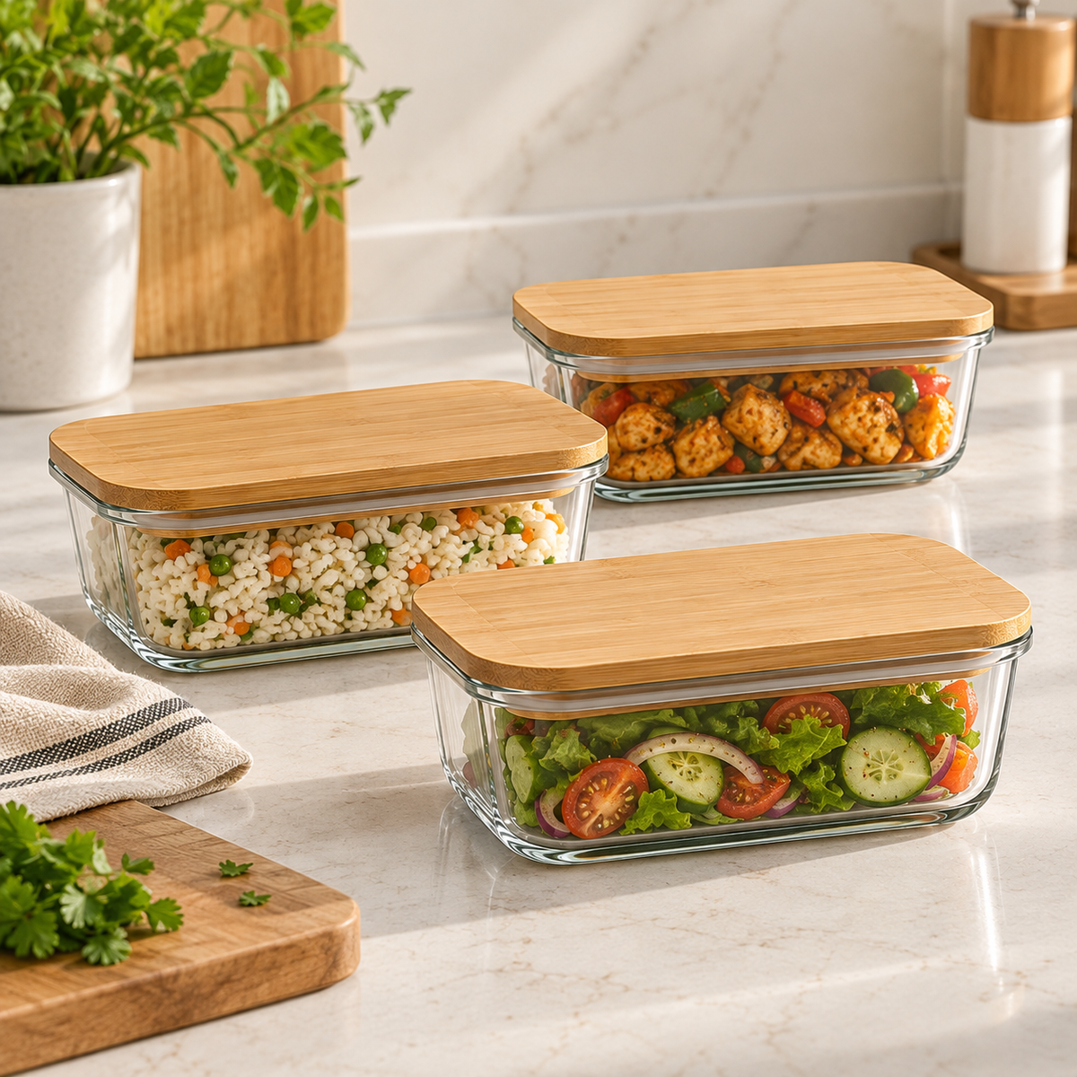 Glass Food Storage Containers with Bamboo Lids – Set of 3