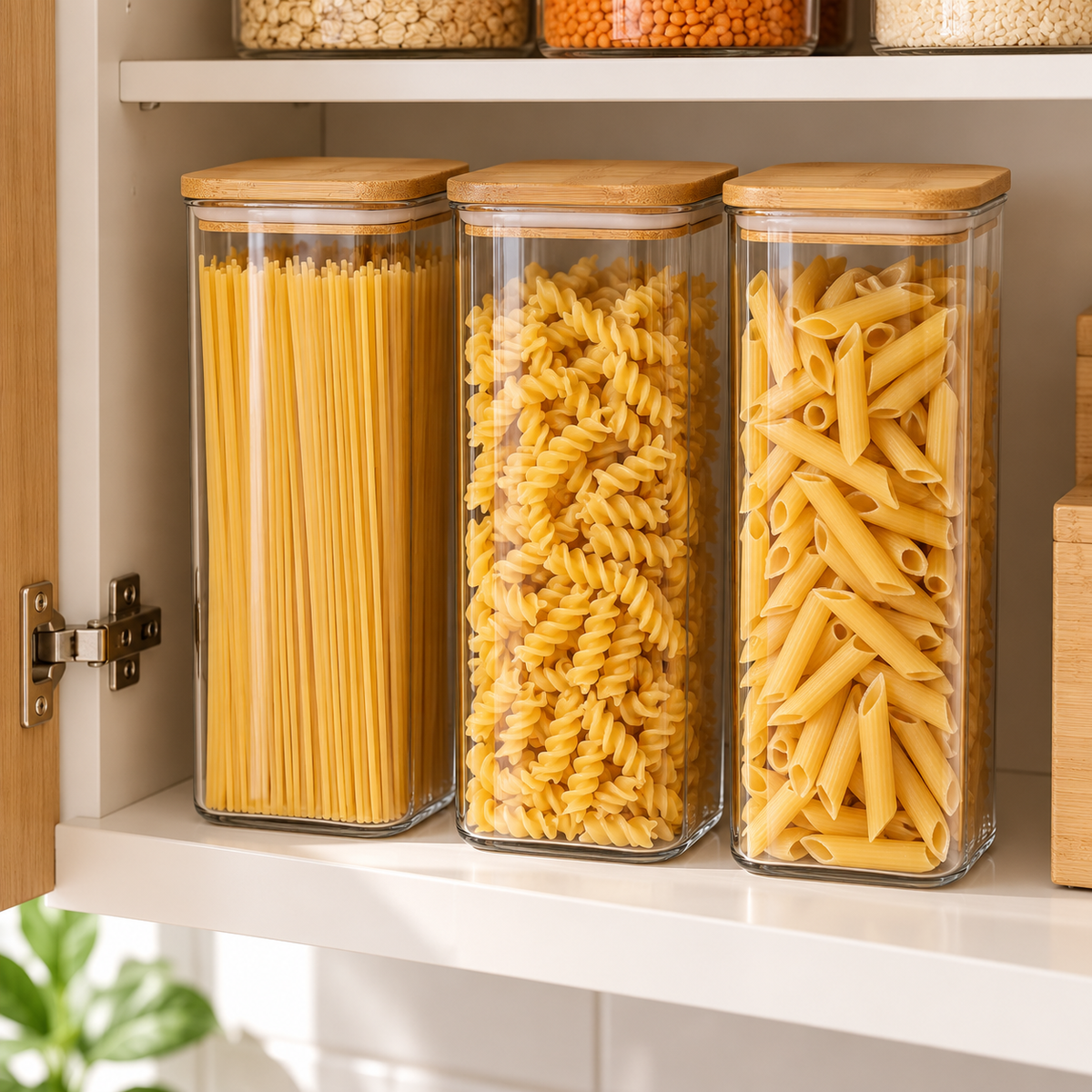 Three tall glass pantry jars with bamboo lids neatly storing different pasta shapes inside a kitchen cabinet.