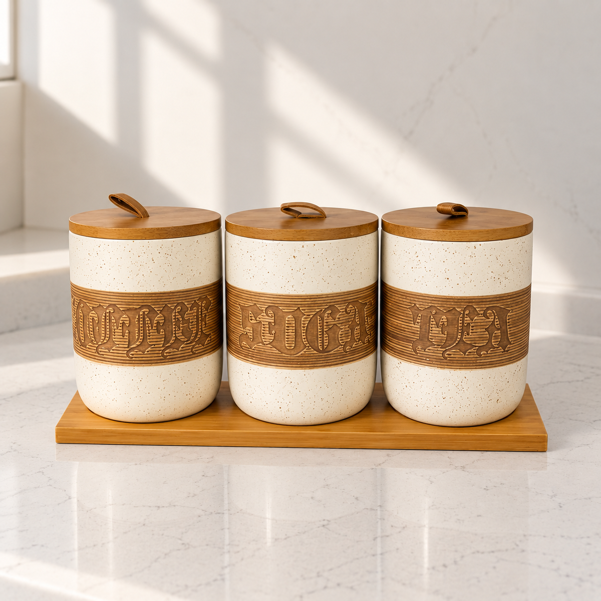Ceramic tea, coffee and sugar canister set with wooden lids and matching wooden tray.