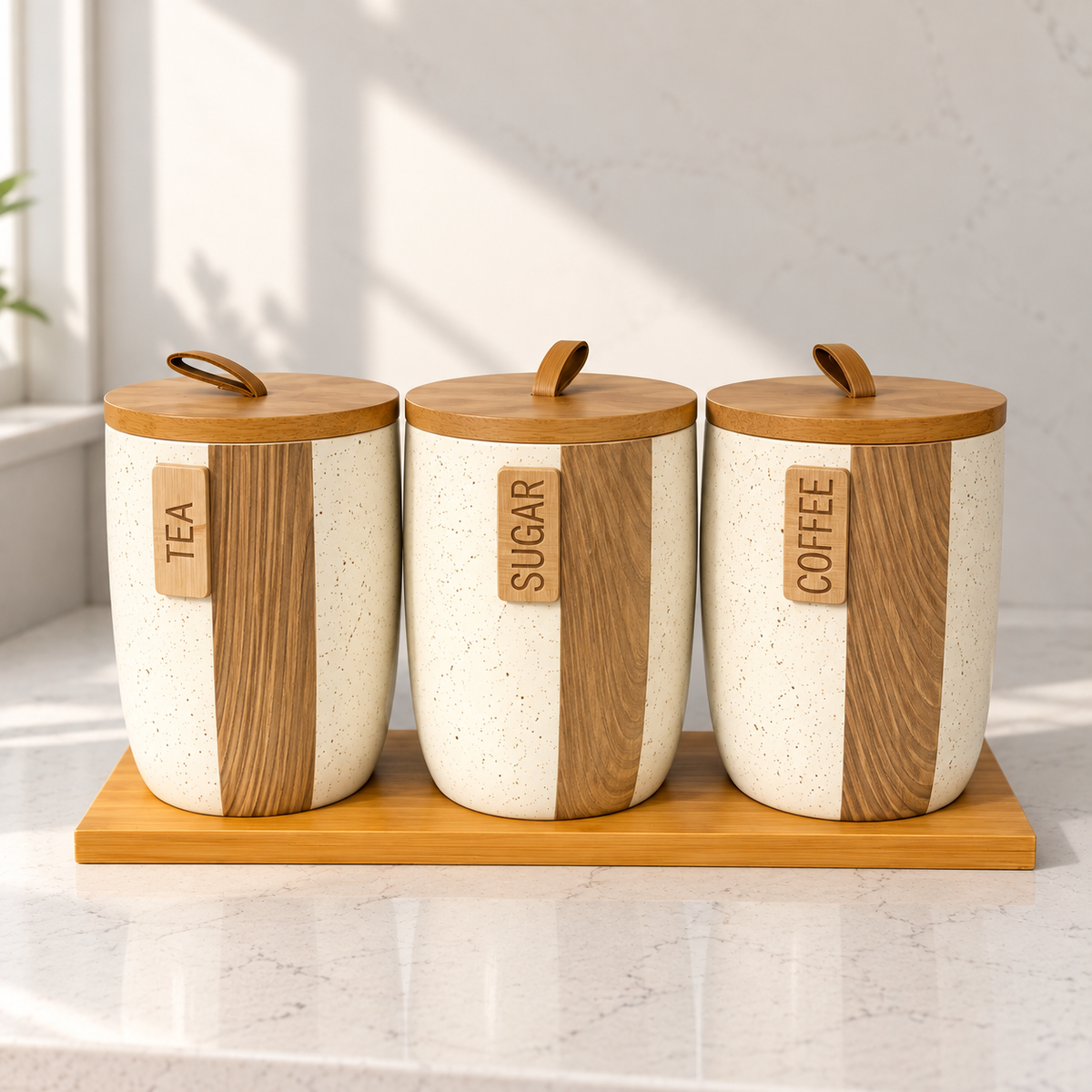 Ceramic tea, sugar and coffee canister set with wooden lids, wood-detail labels and matching wooden tray.