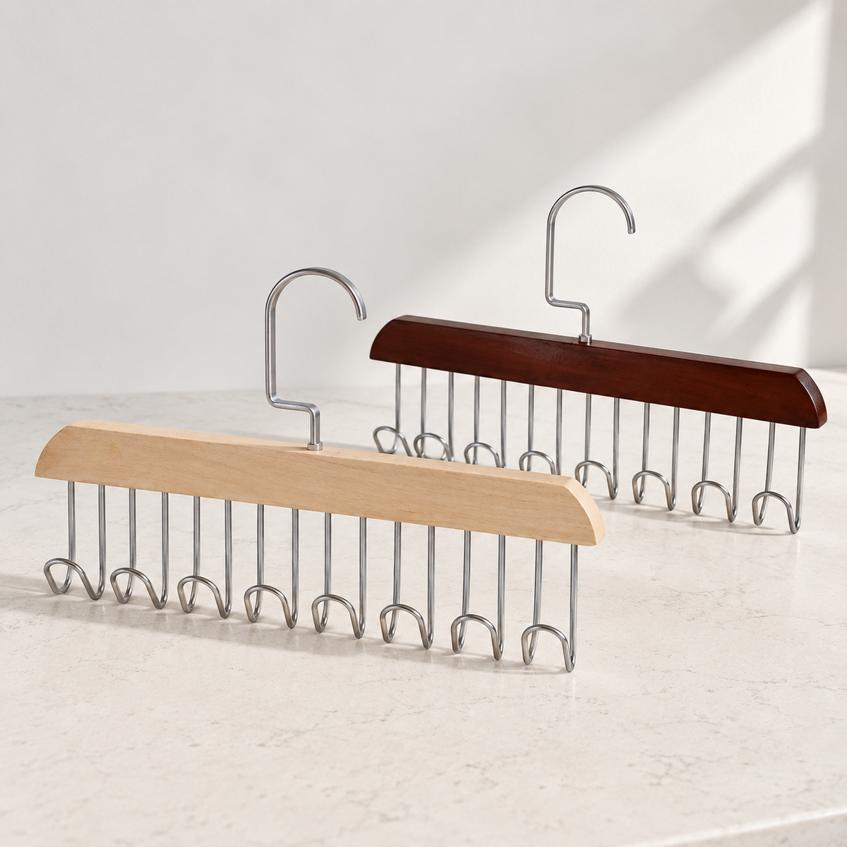 Wooden multi-purpose hangers with 8 metal hooks in light and dark wood finishes