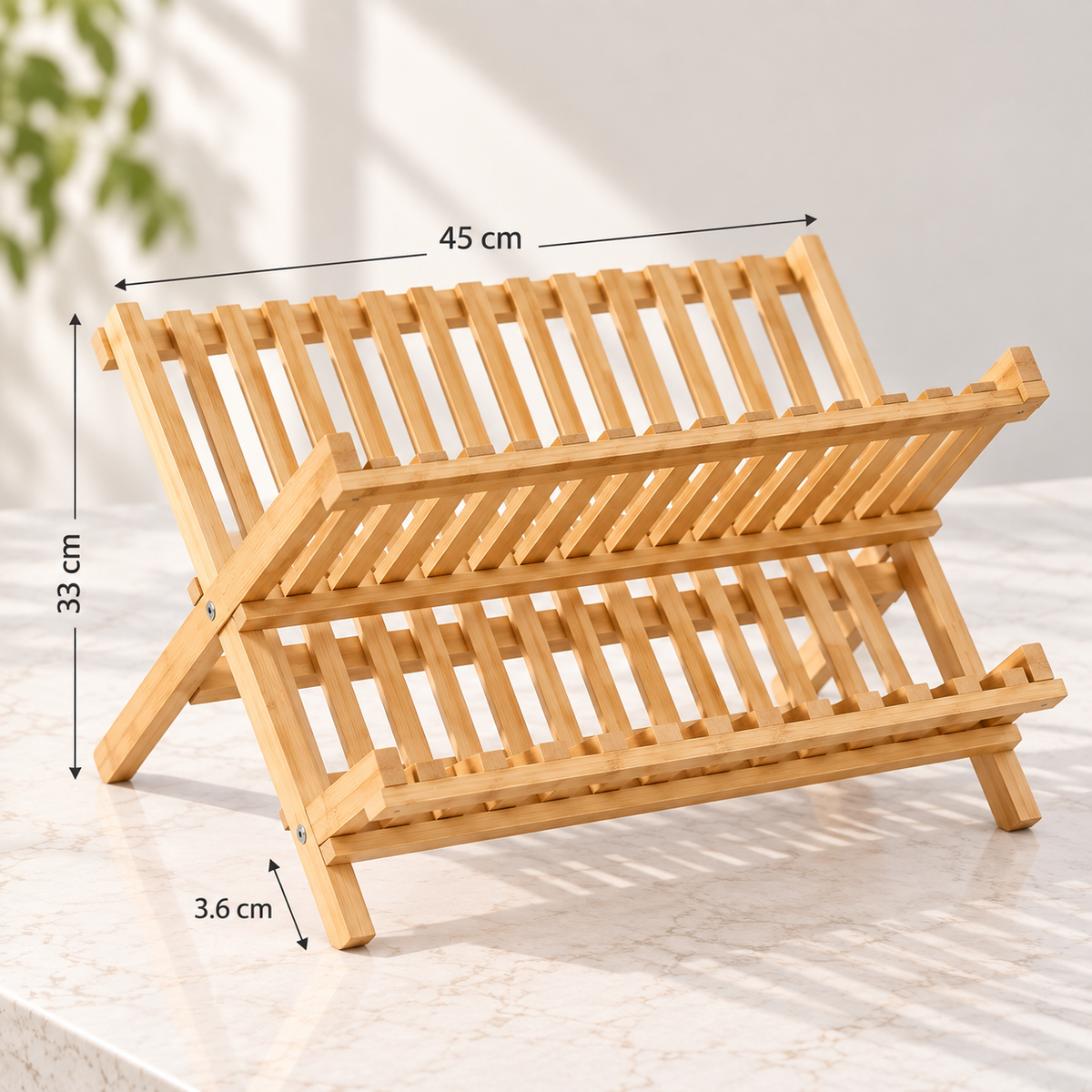 Foldable bamboo dish drying rack with 45 × 33 cm dimensions shown