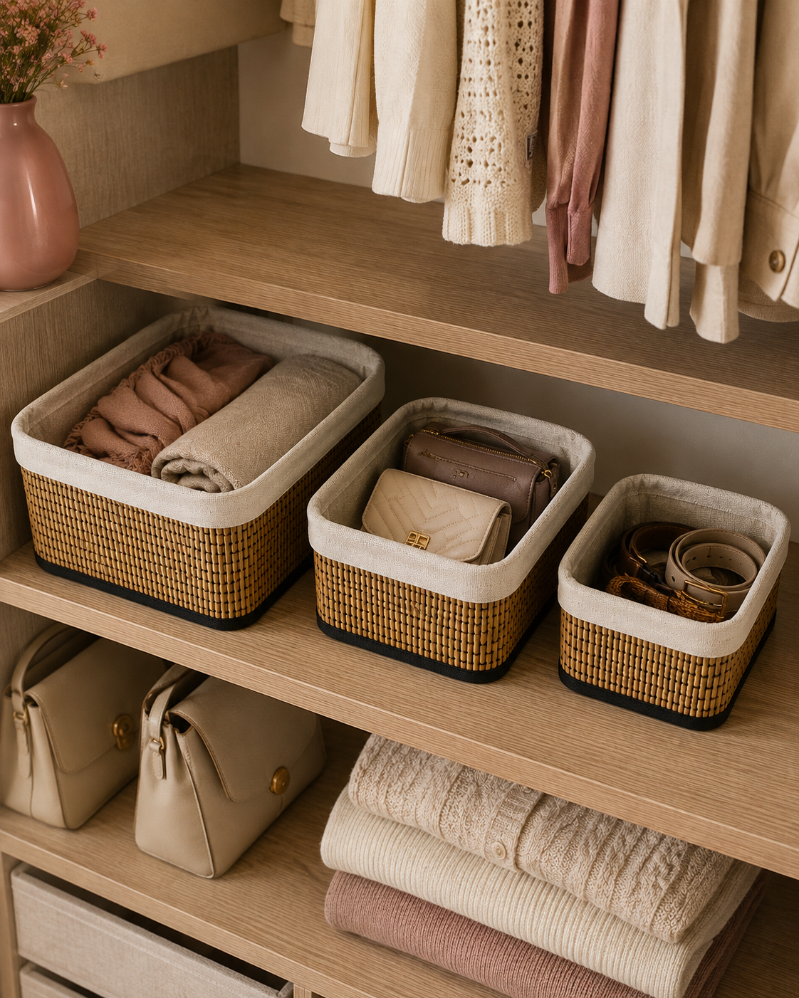 Woven storage basket set organizing clothes, accessories and belts on wardrobe shelves
