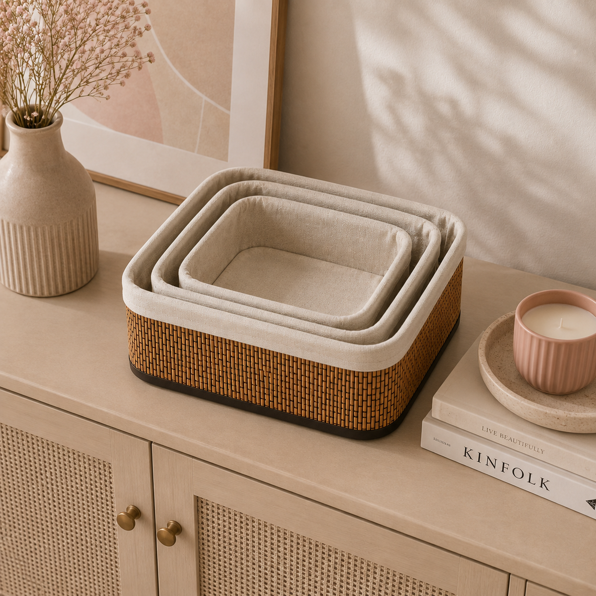 Woven storage basket set with 3 nesting sizes styled on a bedroom dresser
