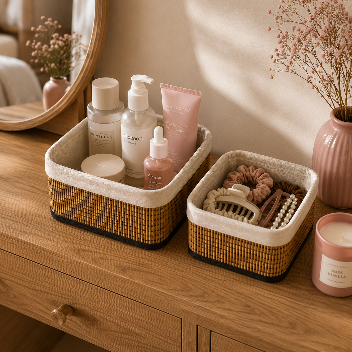 Woven storage baskets organizing skincare and hair accessories on a vanity dresser