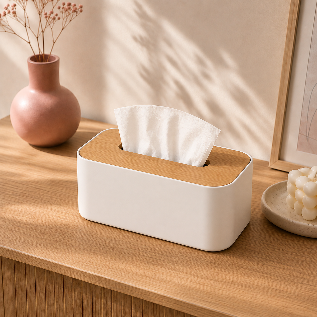 Modern minimalist tissue box styled on a wooden console with a warm wood-look lid and white body