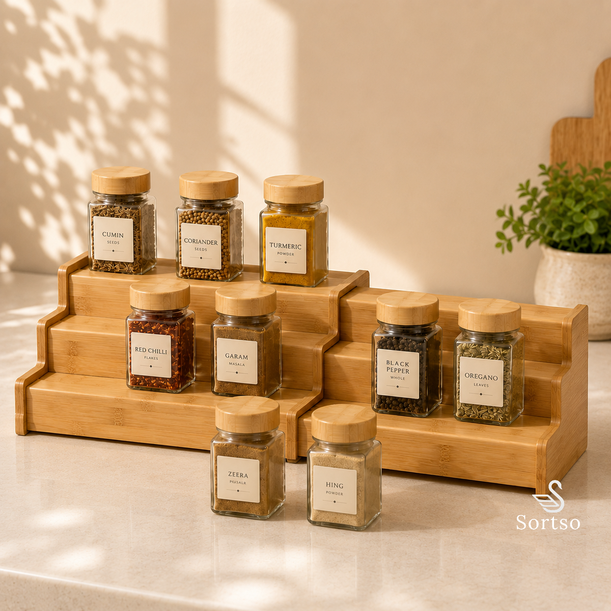 Expandable 3-tier bamboo spice rack organizing spice and seasoning jars