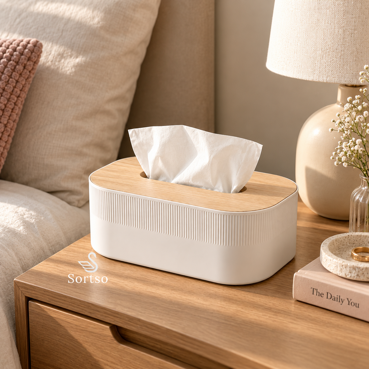 Minimal ribbed tissue box with wood-look lid on a bedside table, holding facial tissues.