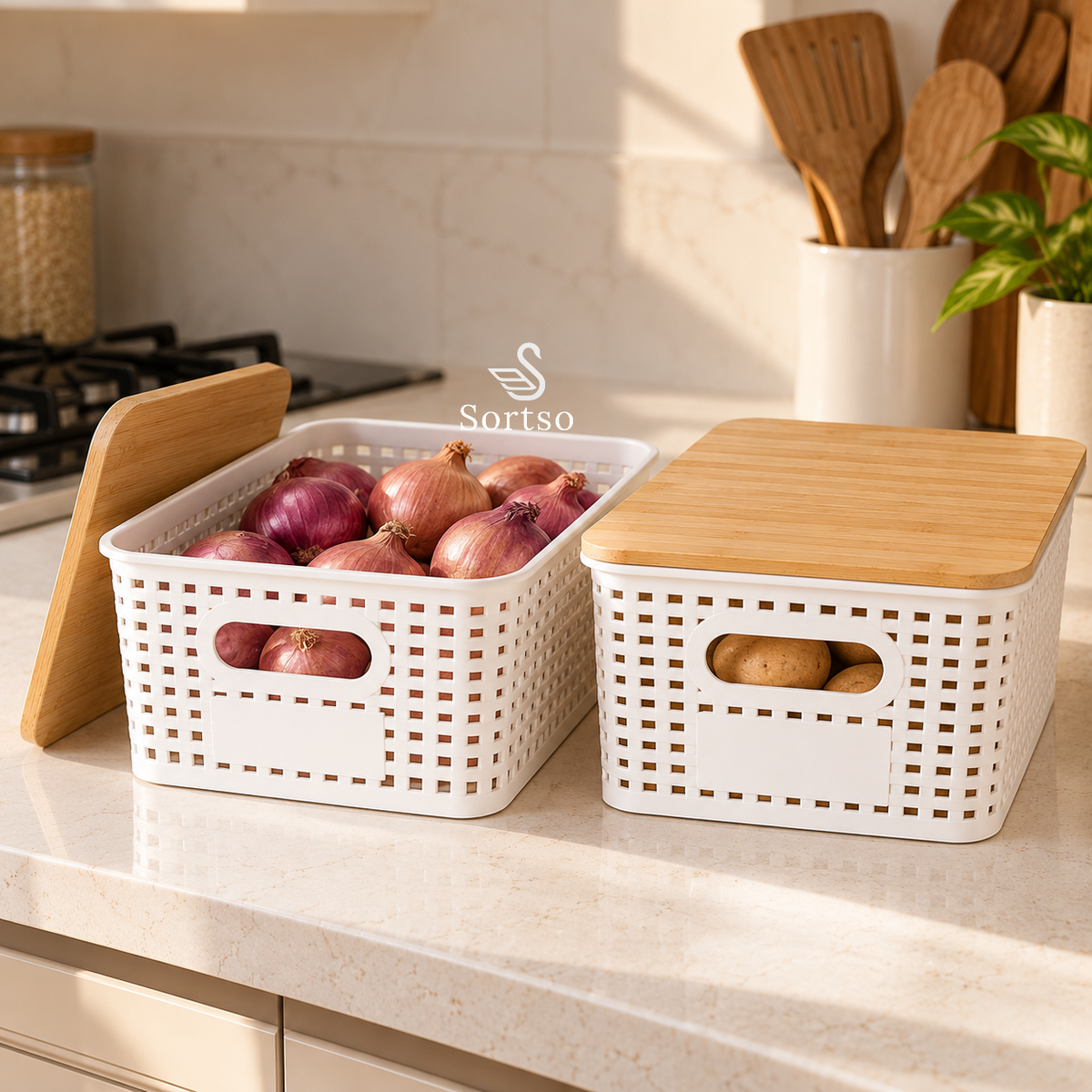 Ventilated pantry storage baskets with bamboo lids for storing onions and potatoes